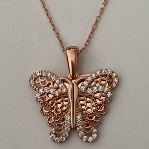 925 Silver butterfly initial cz double heart necklace 14K rose gold plated